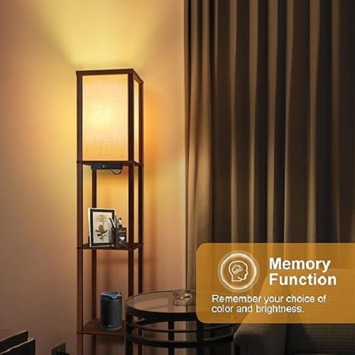 Floor Lamp with Shelves USB Type C Dimmable LED Wooden Standing Light