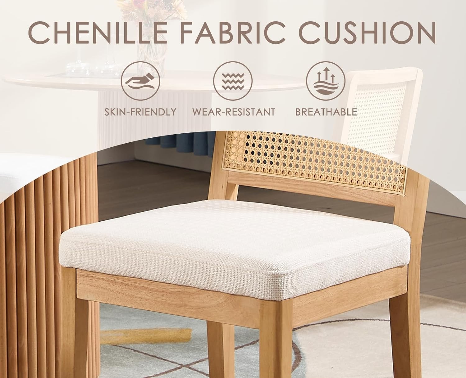 White Rattan Dining Chairs Set of 4 Upholstered Solid Wood Mid Century Style