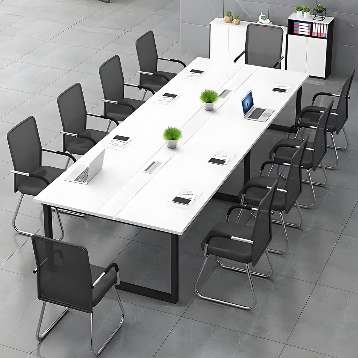 160cm White Office Conference Table w/ Cable Ports & Adjustable Feet