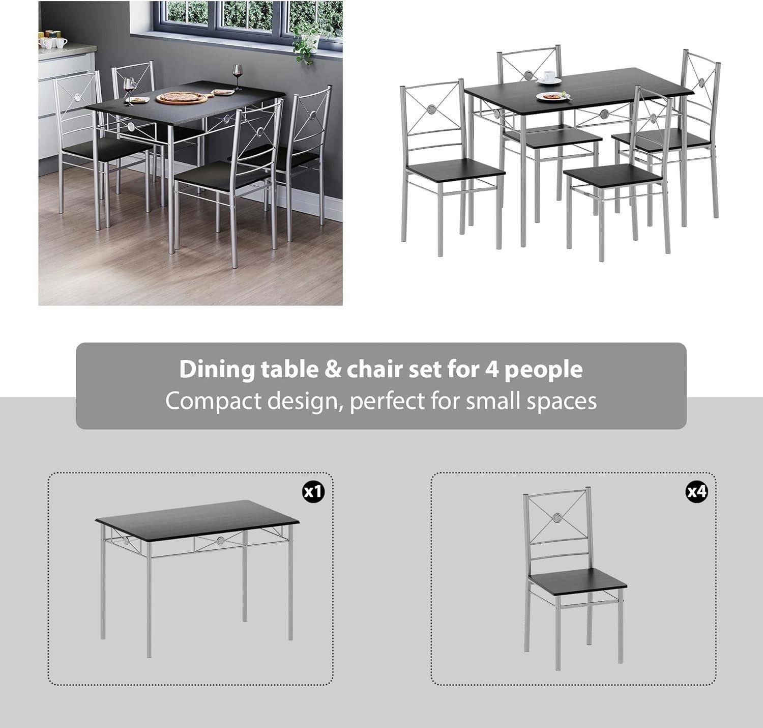 Black 4-Seater Dining Table Set | Compact Kitchen Breakfast Furniture