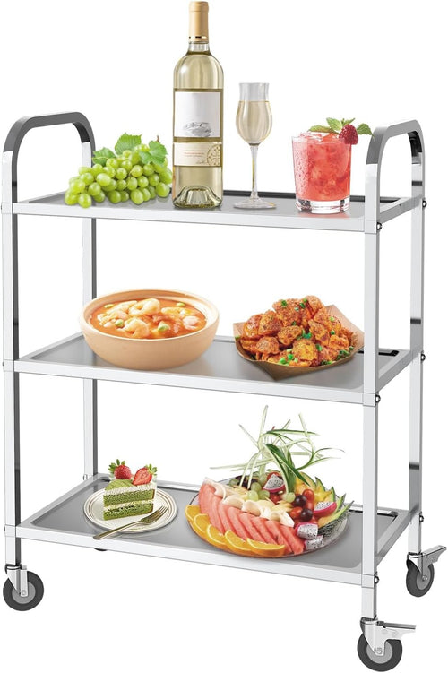 3 Tier Stainless Steel Kitchen Trolley Cart on Wheels Lockable Serving