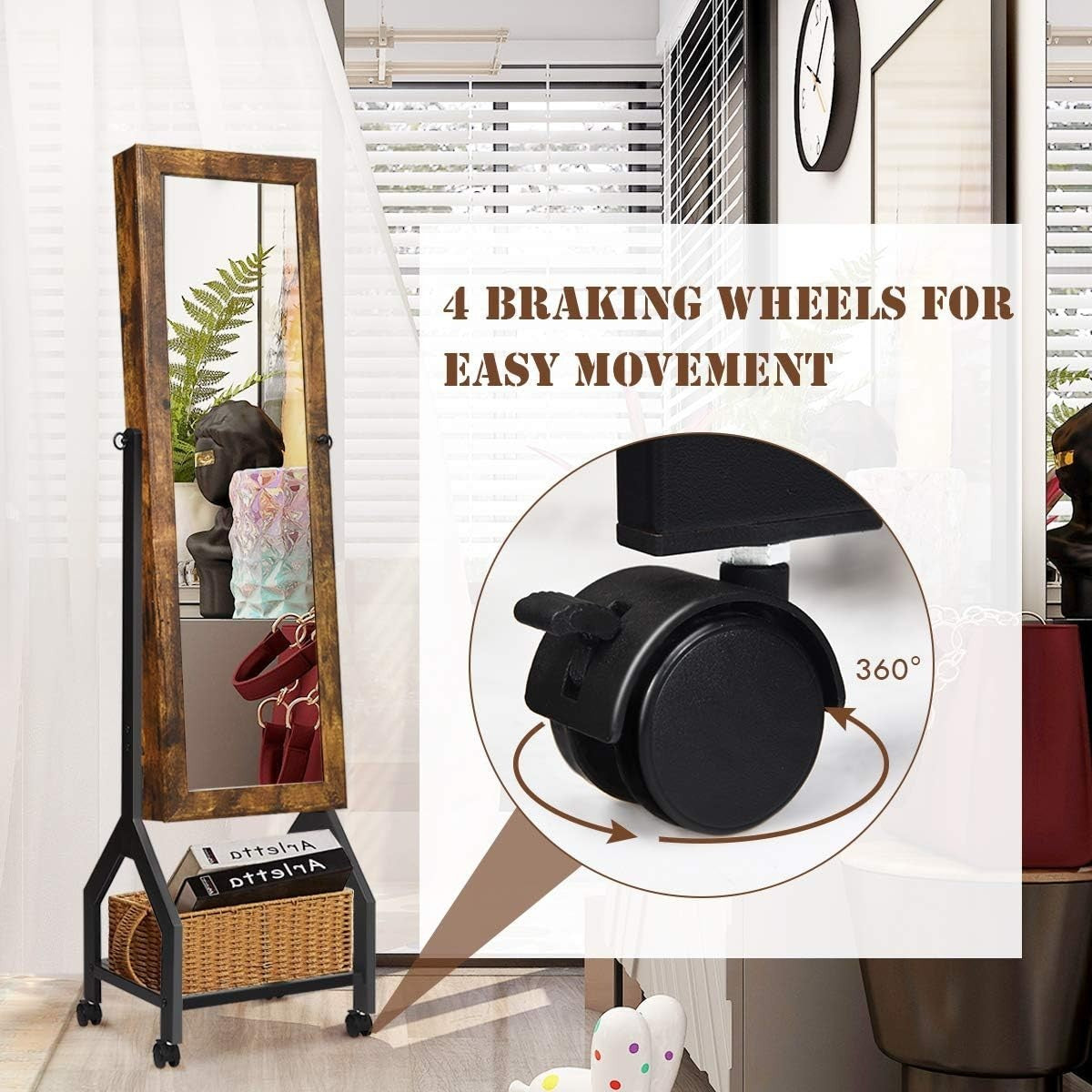 Brown Rolling Jewellery Cabinet Lockable Full Length Mirror Mobile Storage