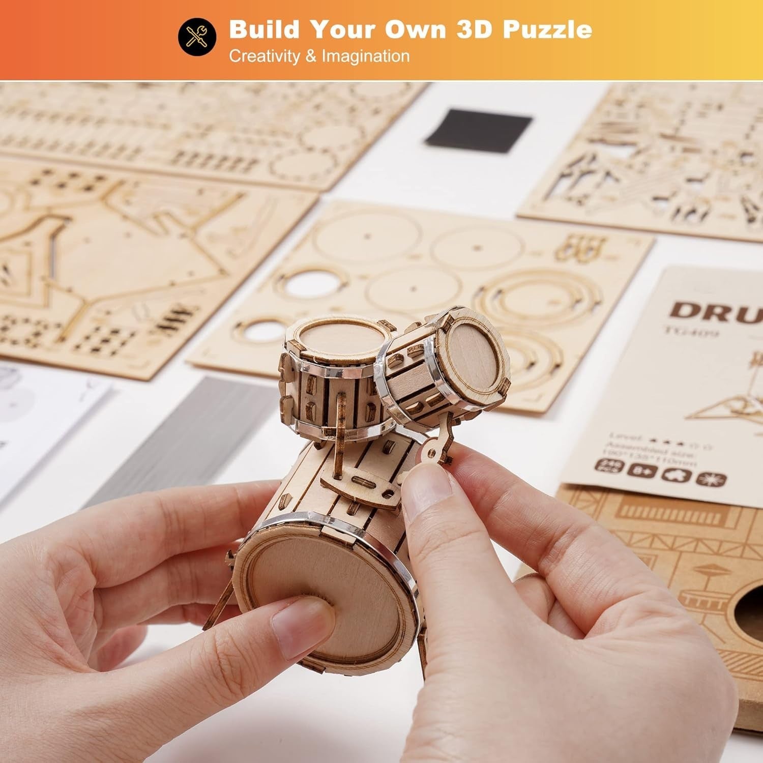 3D Wooden Drum Kit Puzzle – Mini Musical DIY Model for Adults & Kids Gift