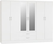 6 Door White Gloss Wardrobe with 2 Drawers & Mirrors – Modern Bedroom Storage