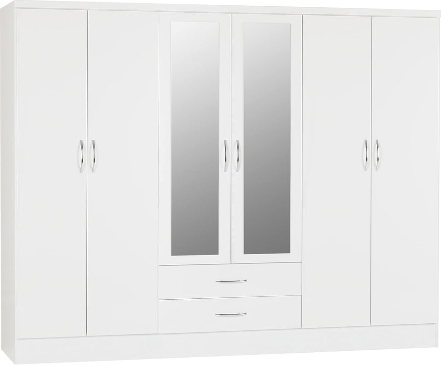 6 Door White Gloss Wardrobe with 2 Drawers & Mirrors – Modern Bedroom Storage