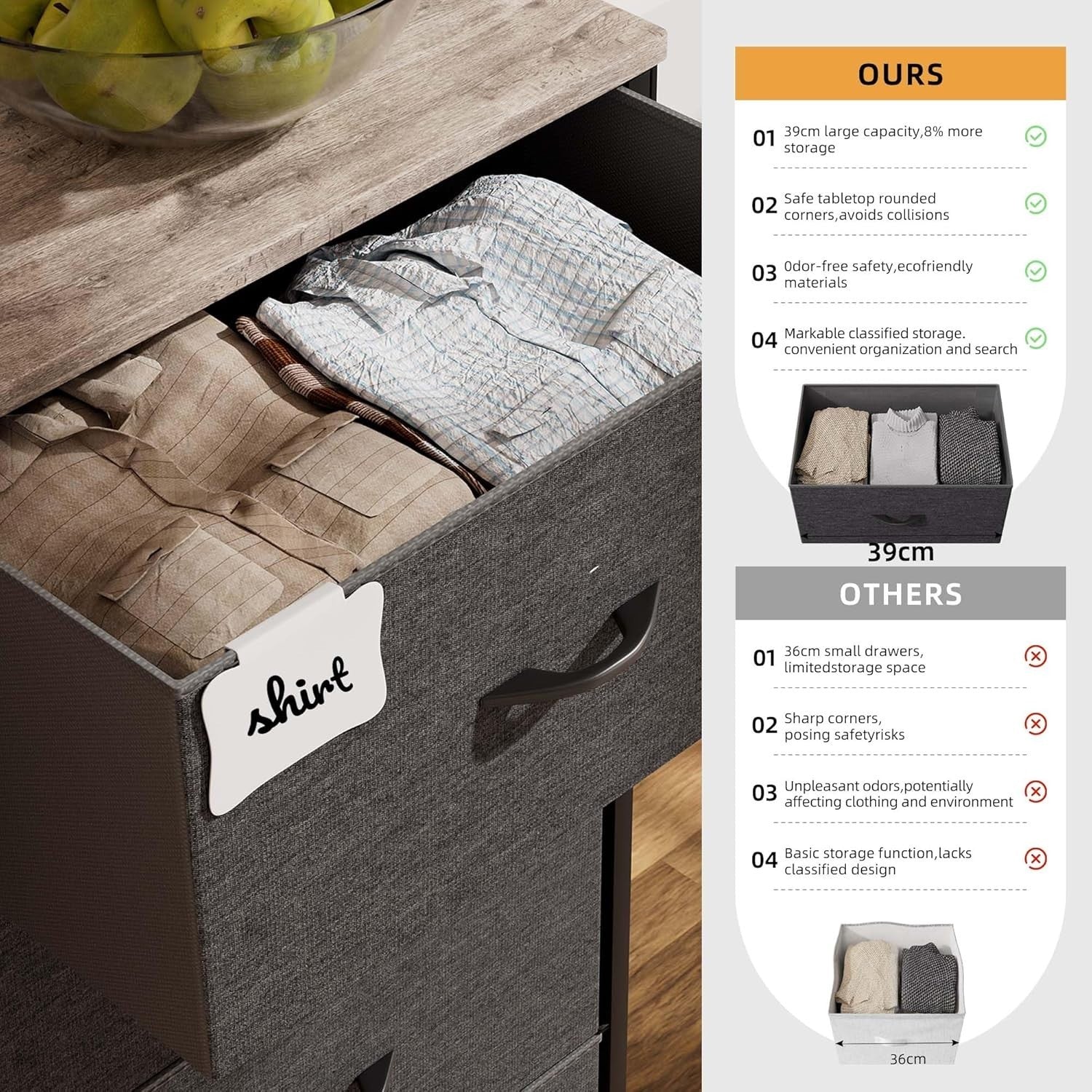 8 Drawer Dark Grey Storage Cabinet w/ Side Pocket & Labels 80x30x97cm
