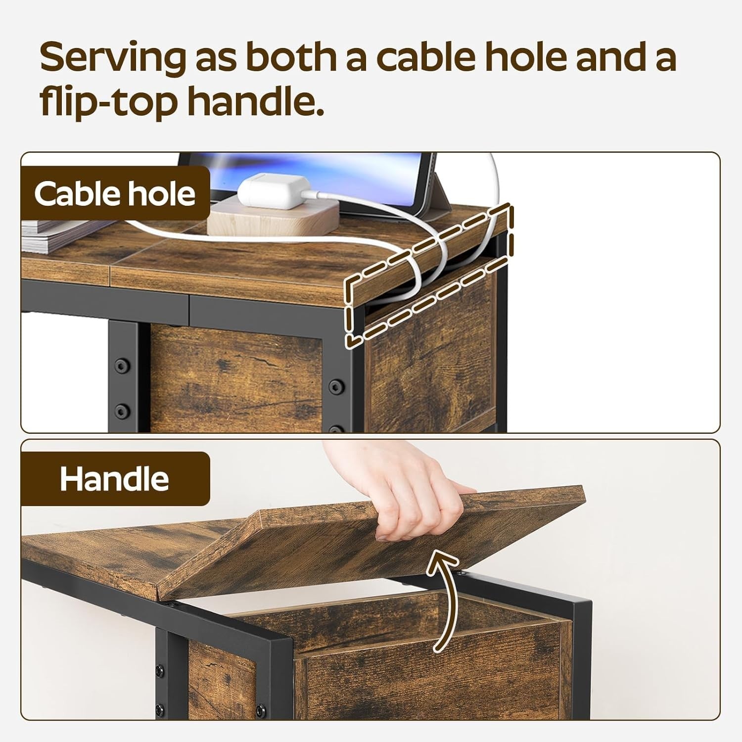 C Shaped Side Table with USB Ports, Outlet & Storage, Small Rustic End Table