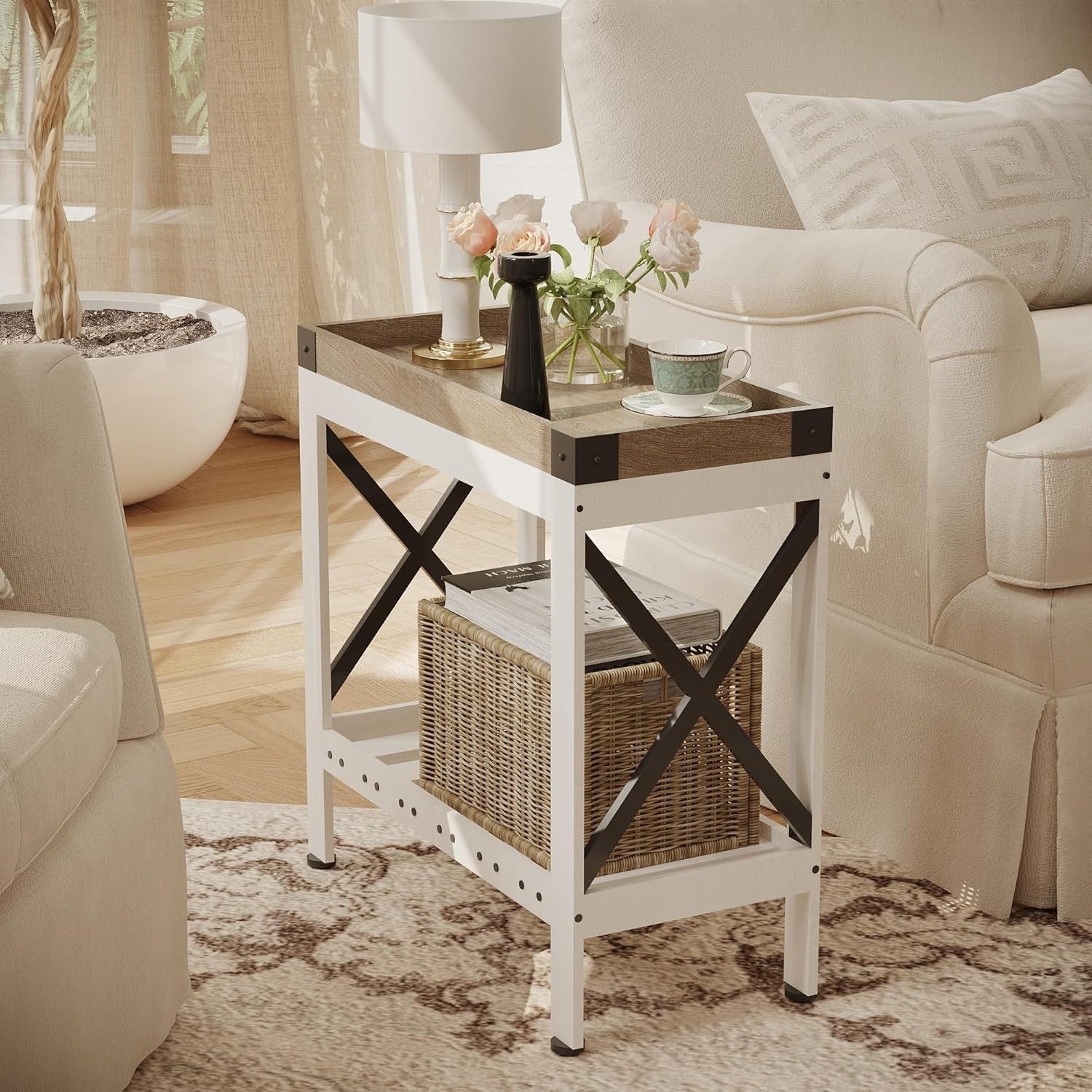 Narrow White End Table with Storage Shelf – Compact Nightstand for Small Spaces