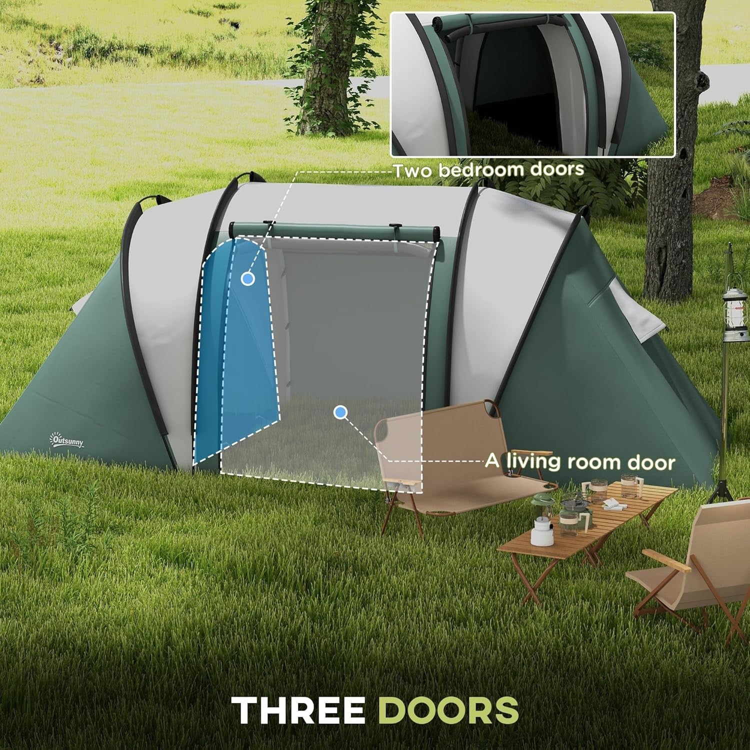 4-5 Person Family Tunnel Tent 3000mm Waterproof 2 Bedroom