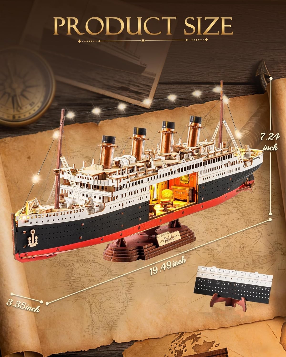 3D Titanic Ship Model Kit Wooden Puzzle LED Display Collectible