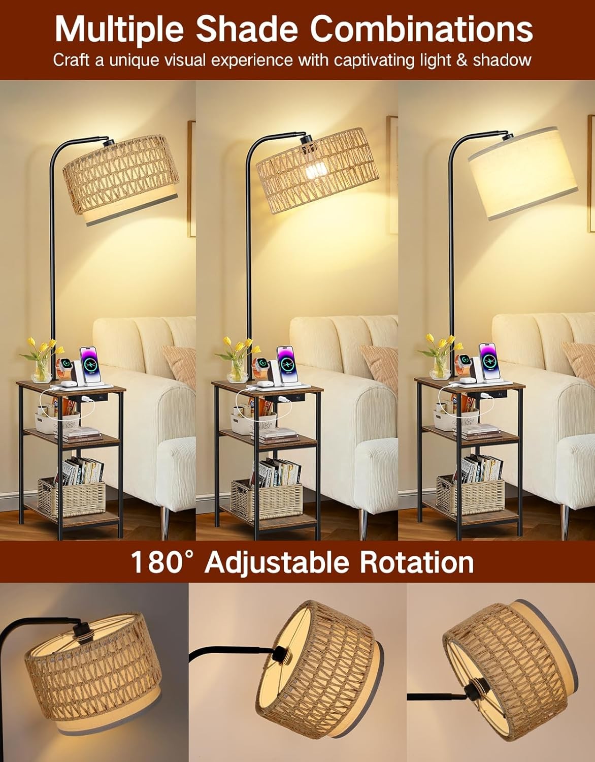 Floor Lamp with Table Rattan Shade Charging Station Dimmable LED Nightstand