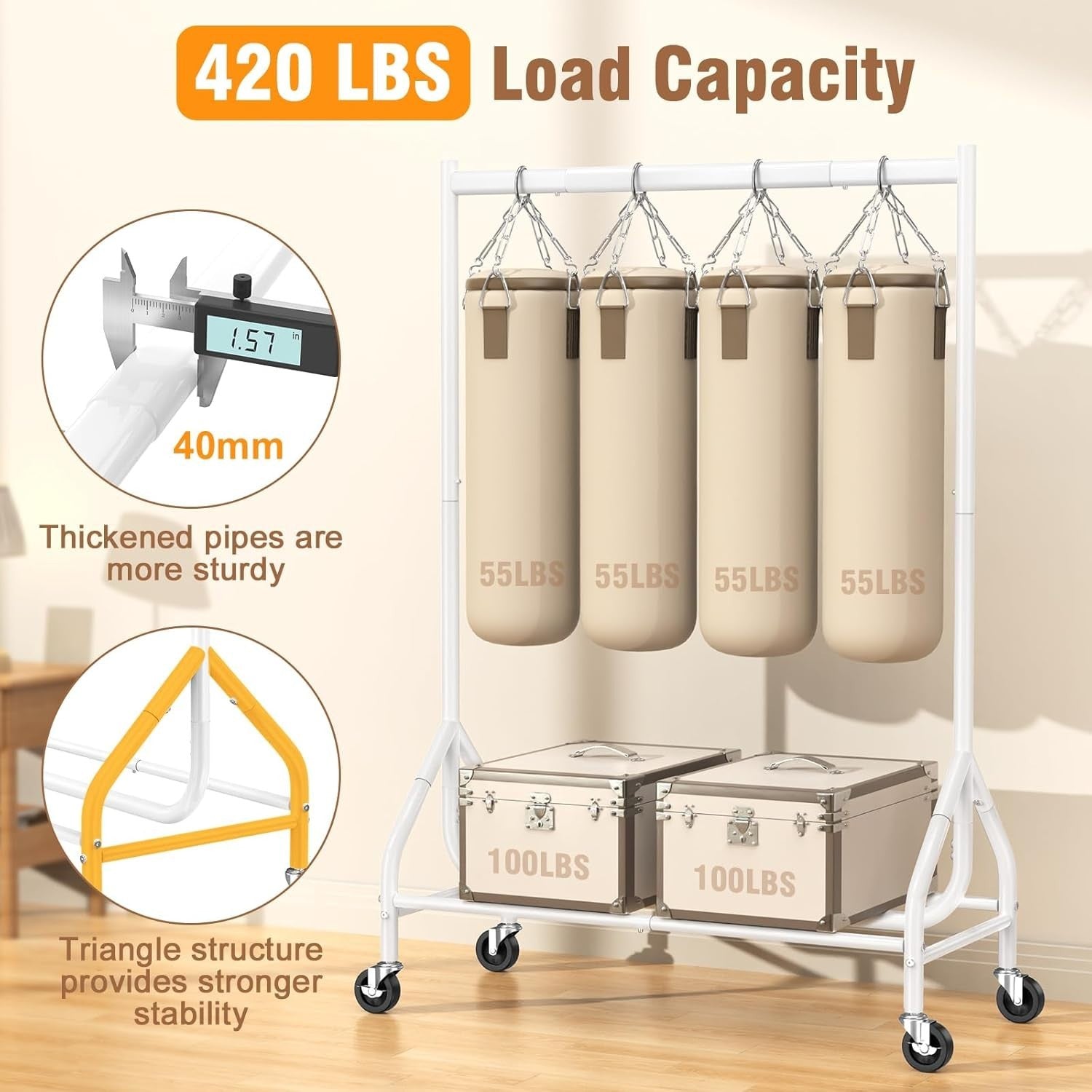 White Heavy Duty 180KG Clothes Rail With Wheels Metal Rack