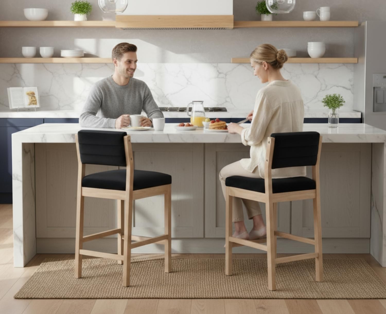 Modern Black Velvet Bar Stools Set of 2 – Wooden Leg Counter Chairs