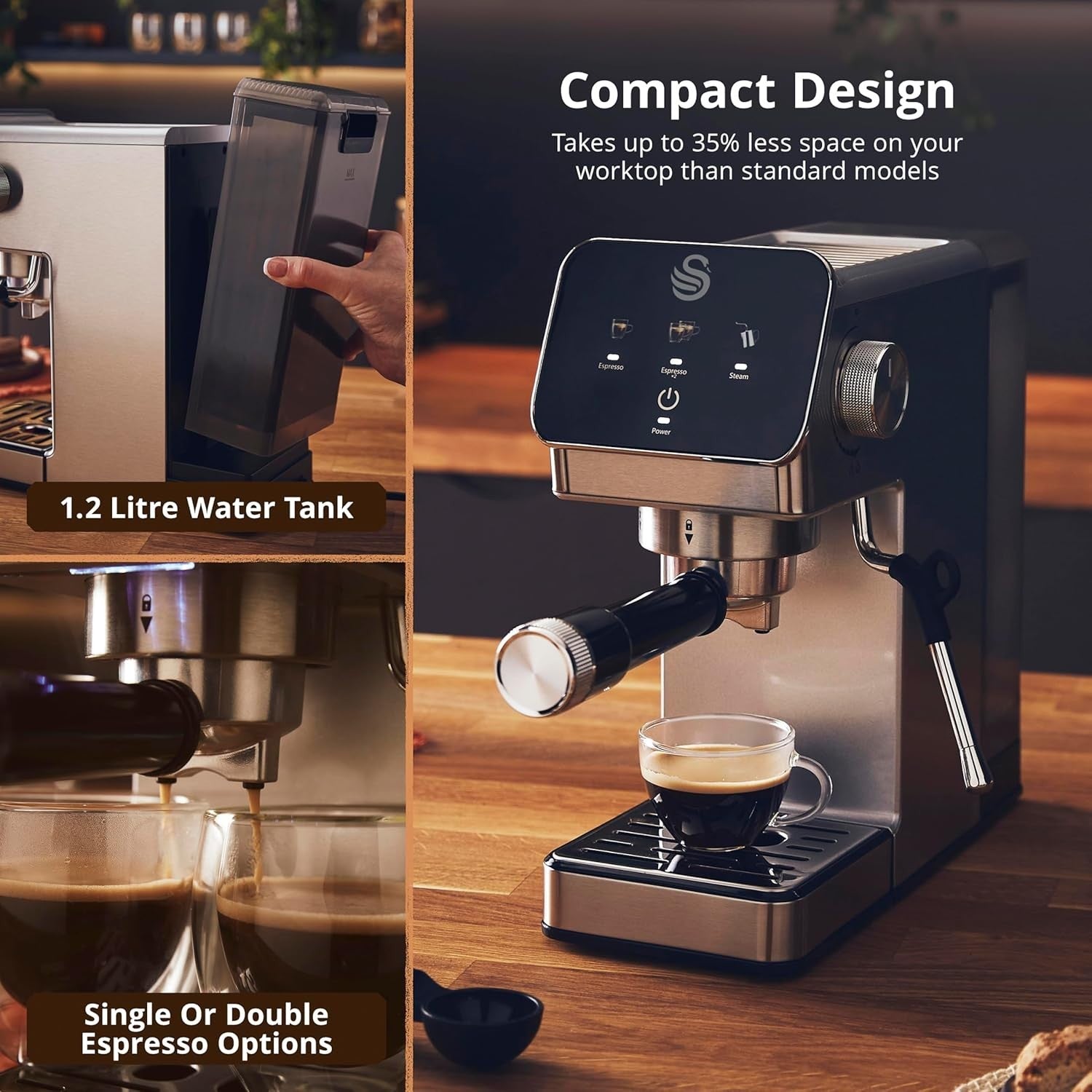 Compact Digital Espresso Machine 20 Bar Pump Milk Frother Stainless Steel 1.2L