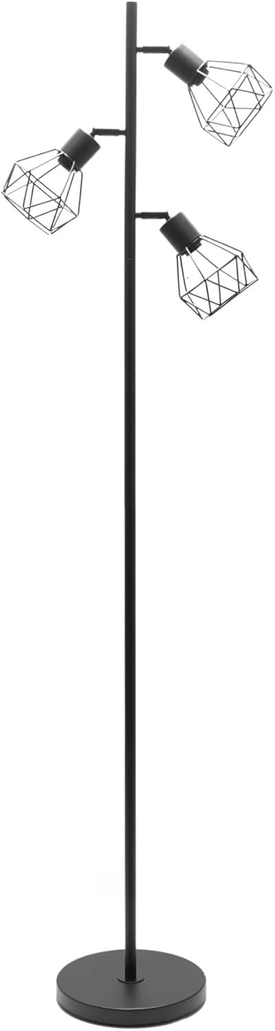 3 Arm Industrial Floor Lamp Matt Black Metal Cage Shades Tall Standing