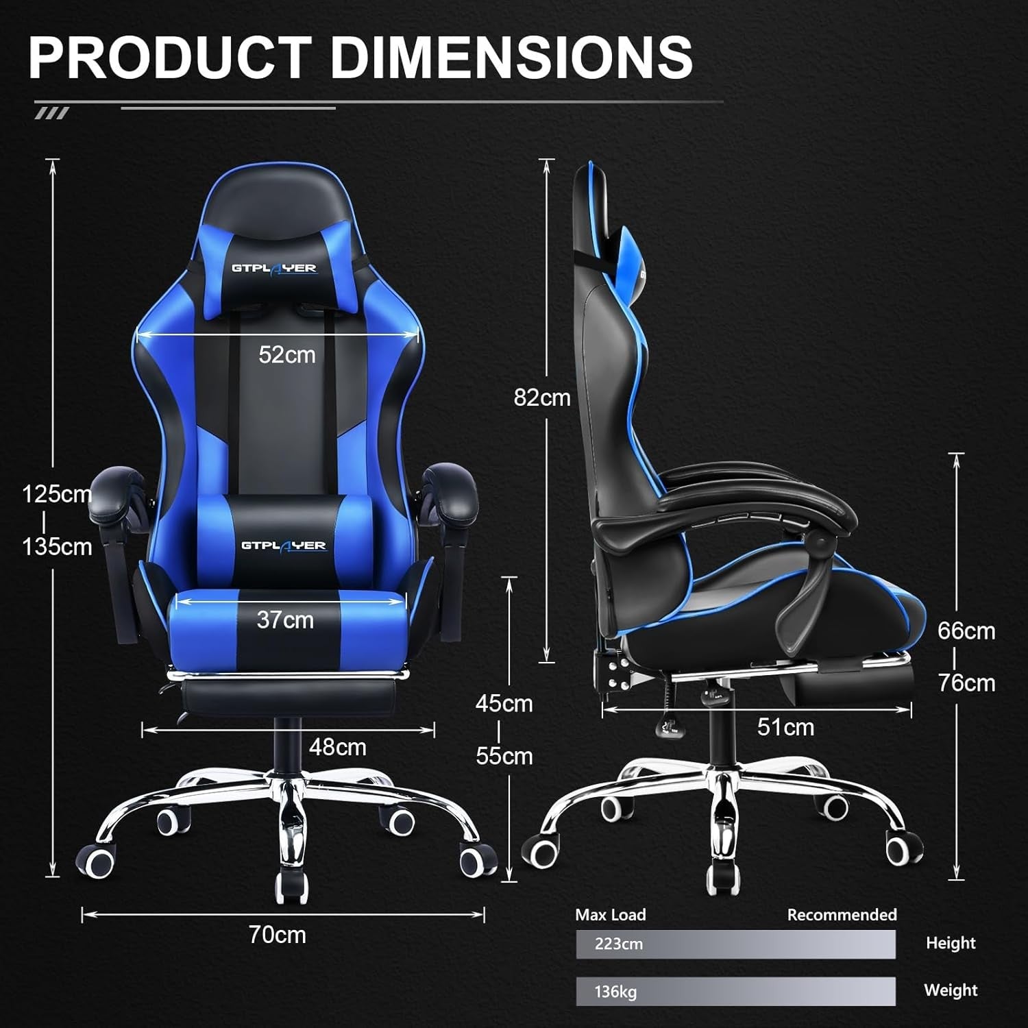 Massage Gaming Chair Reclining Ergonomic Office Chair w Footrest Blue