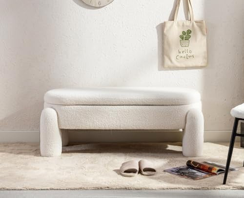 chairus Upholstered Storage Ottoman Faux Fur Window Bench, White
