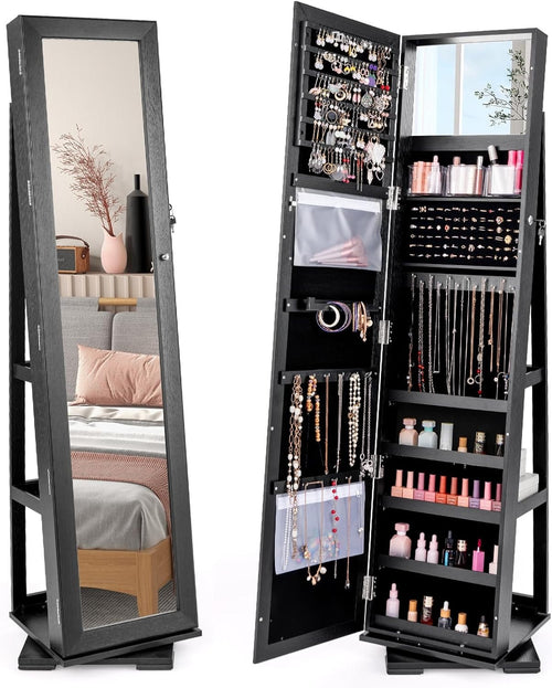 Black 360° Swivel Jewelry Cabinet Mirror Lockable 3-in-1 Storage Stand