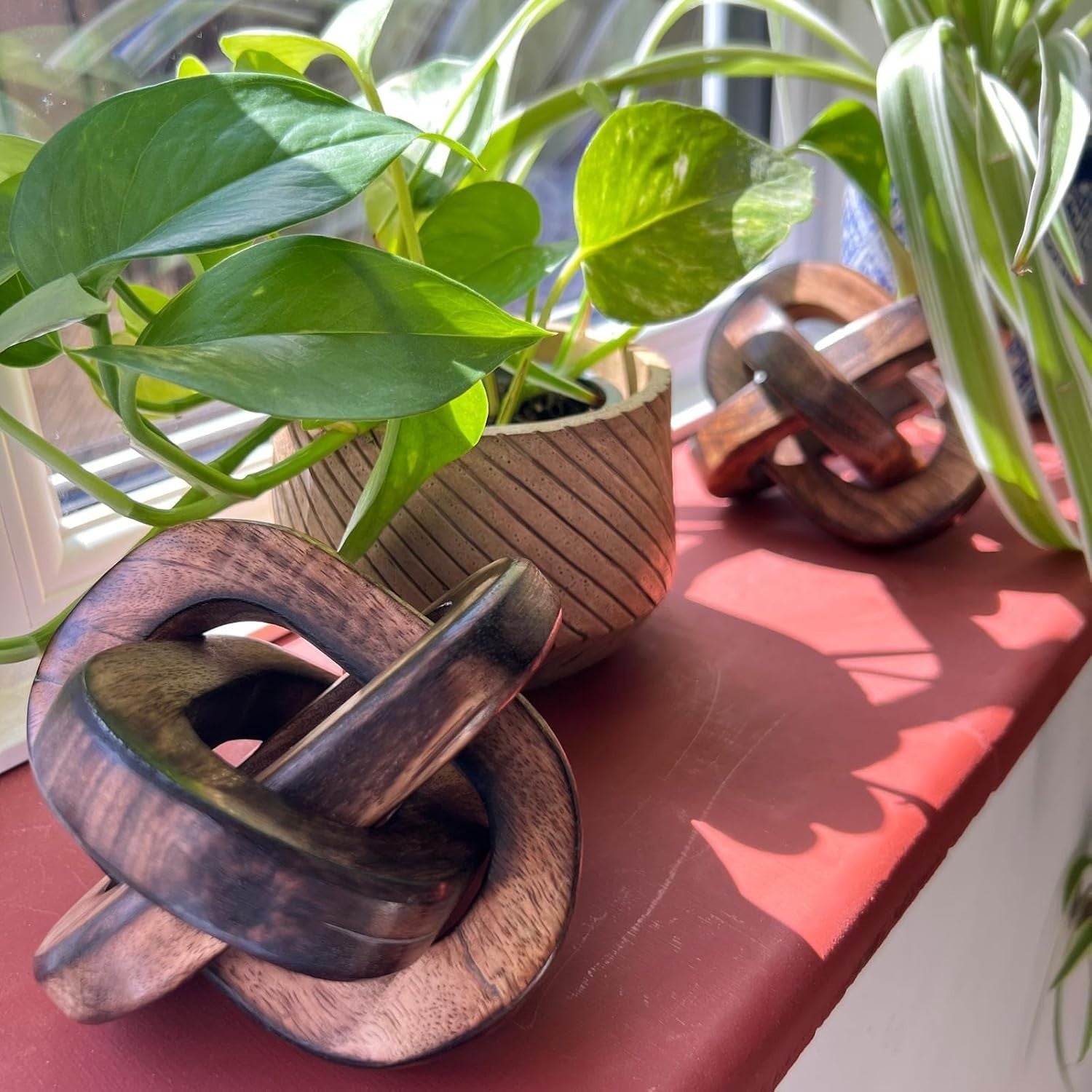 Rustic Wooden Knot Ornaments Pair | 3-Link Sculptures | Shelf & Coffee Table