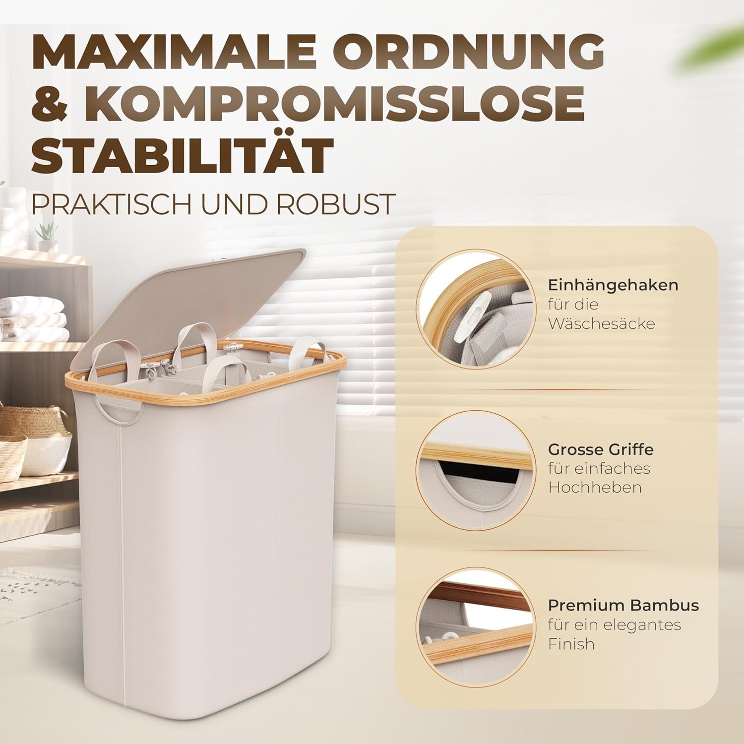 150L Foldable Laundry Hamper Bamboo Lid 2 Compartments Large Beige Basket