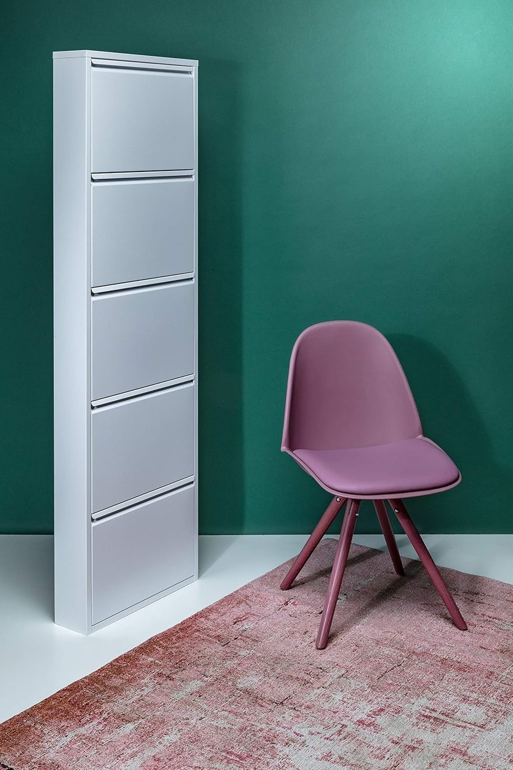 Slim 5-Drawer Shoe Cabinet White– Space-Saving Metal Tilt Rack 170x50x15cm