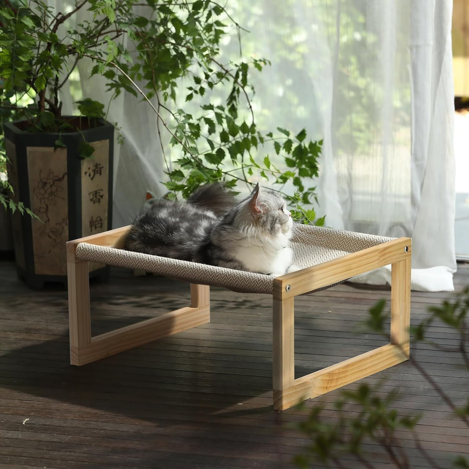 Wooden Cat Hammock Bed Elevated Pet Cot Breathable Washable 53cm