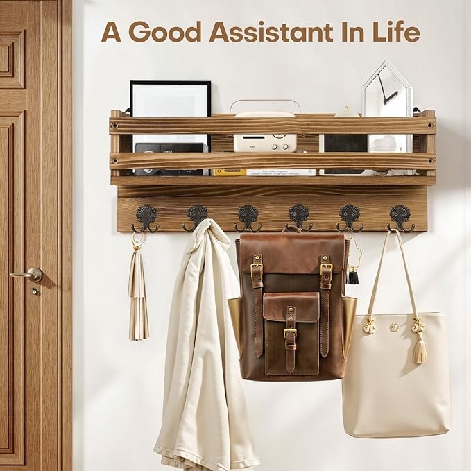 Rustic Wall Mounted Coat Rack 58cm | Wooden Shelf with 6 Metal Hooks for Coats