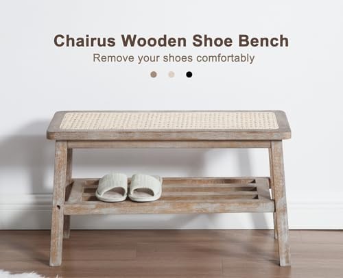 Mid Century Rattan Hallway Bench with Storage Rustic Wood Seat 75×30×44cm