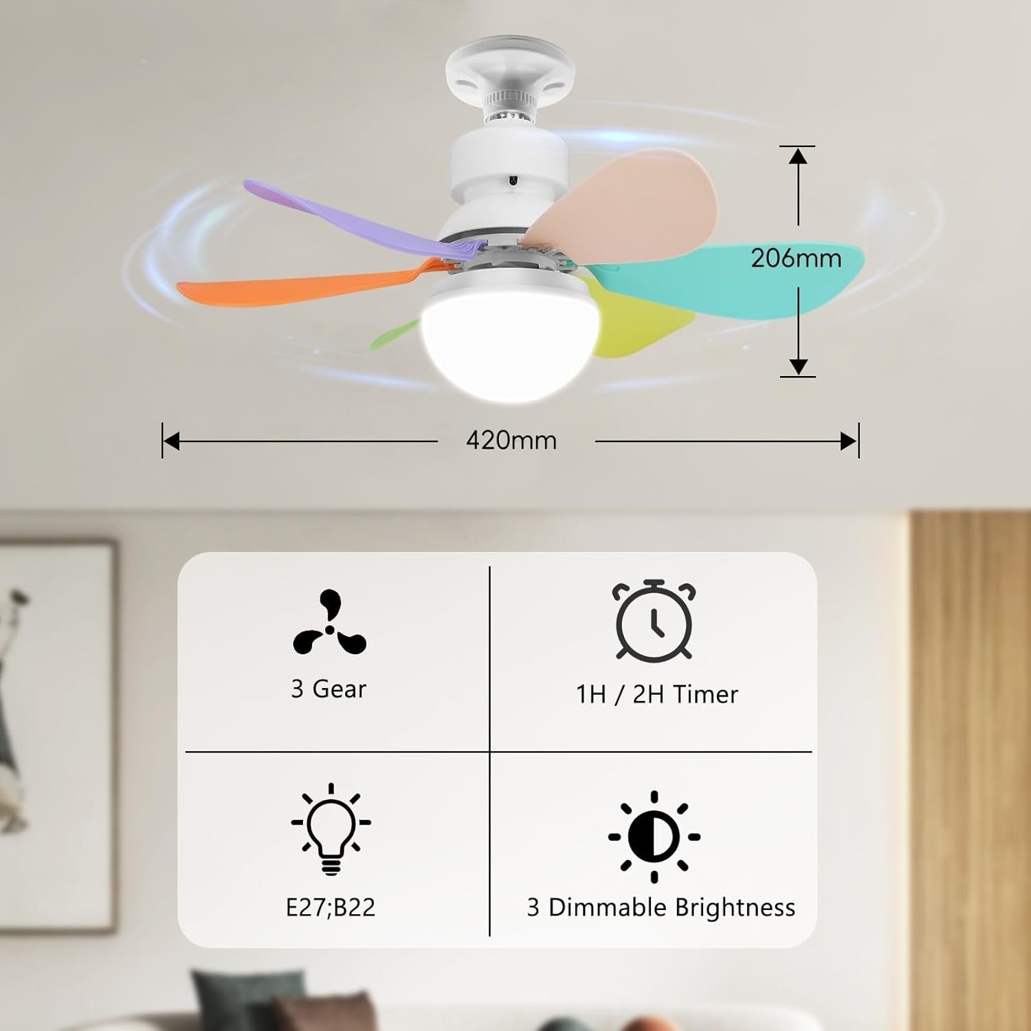 30W Small LED Ceiling Fan Light, 3 Speeds, Dimmable, E27/B22, Quiet Timer Fan