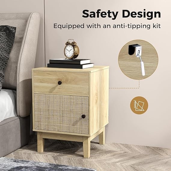 Modern Rattan Bedside Table with Drawer & Door, Solid Wood Legs, Boho Nightstand