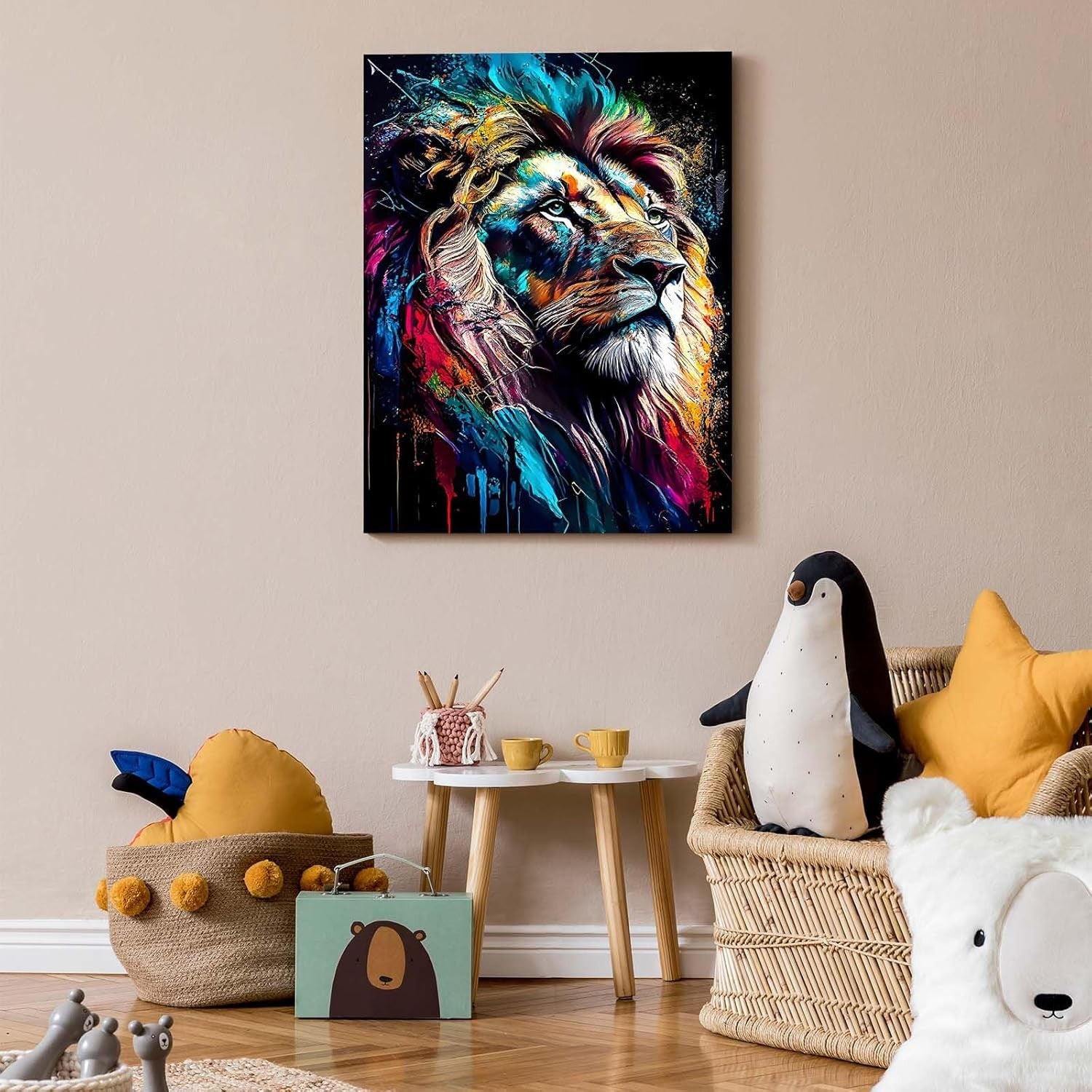 Colourful Lion Canvas Wall Art 12x16 Framed Modern Poster