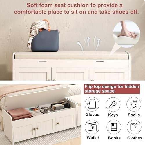 White Shoe Storage Bench with Cushion Seat 3-Door Cabinet & Hidden Compartment