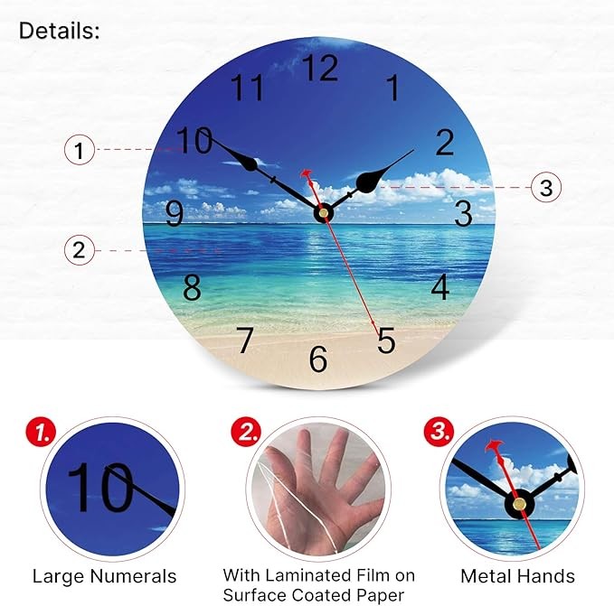 14" Beach Ocean Wall Clock Silent Sea View Coastal Blue Decorative Home Decor