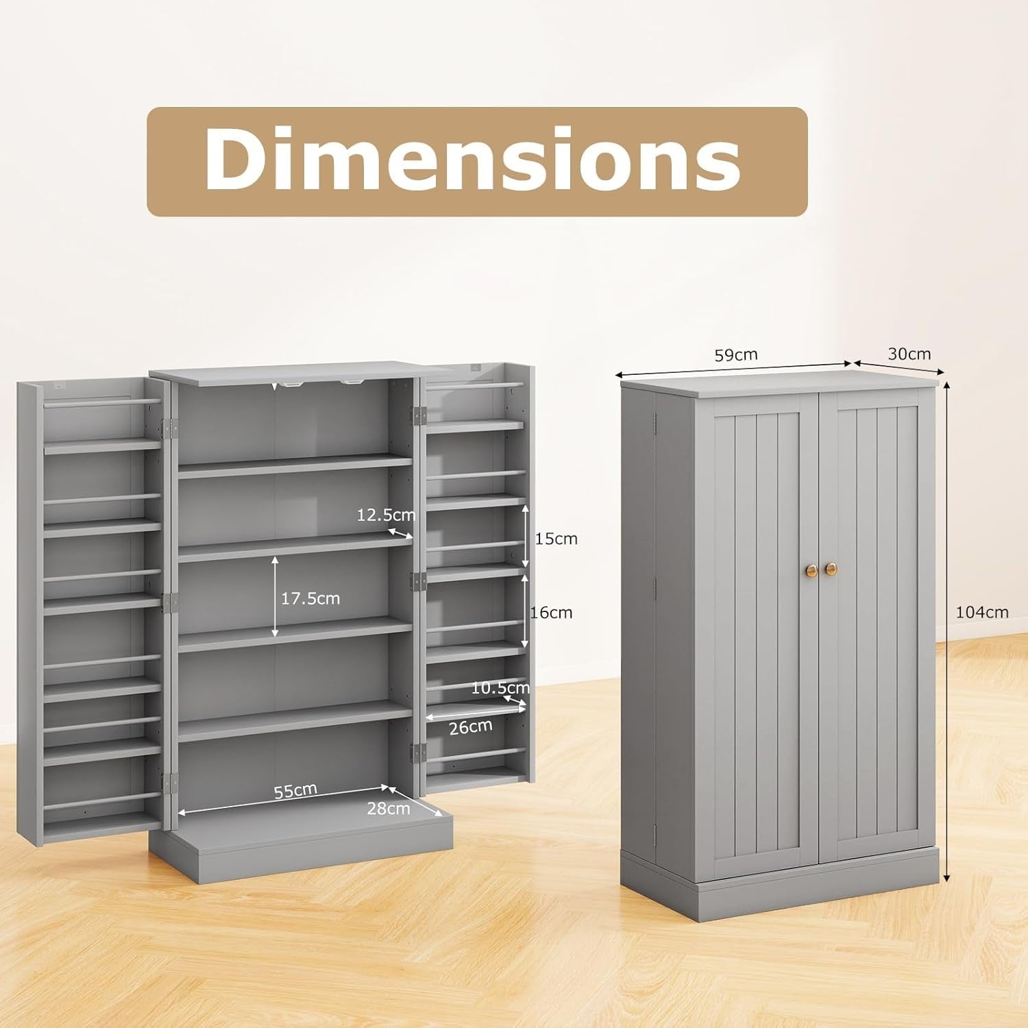 Compact Grey Pantry Cabinet with 2 Doors and 17 Storage Shelves
