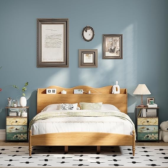 Vintage 3-Drawer Bedside Table Set with Open Shelf Storage | Rustic Metal Frame