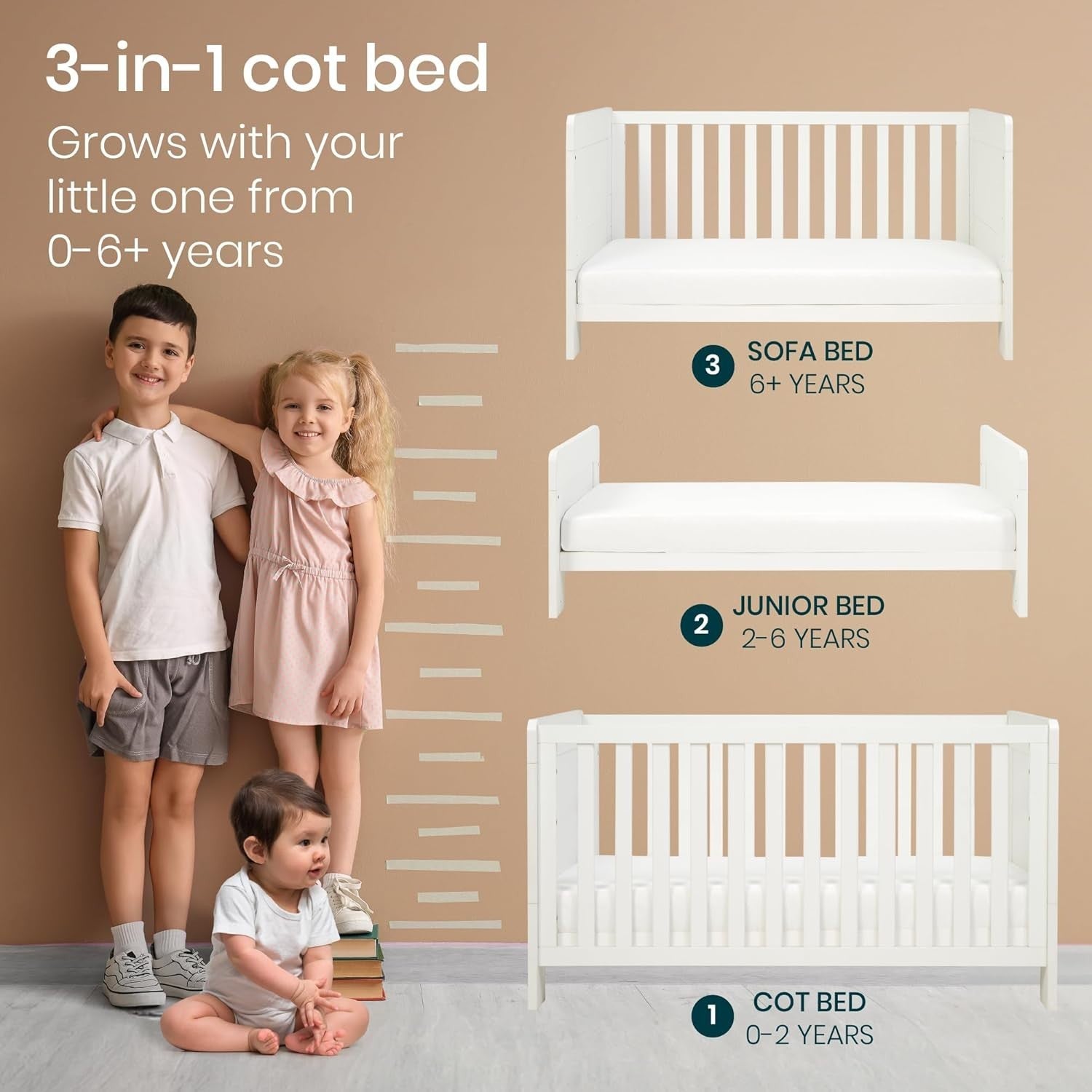 3in1 Baby Cot Bed Crib Toddler Day Bed Adjustable Wooden Convertible White