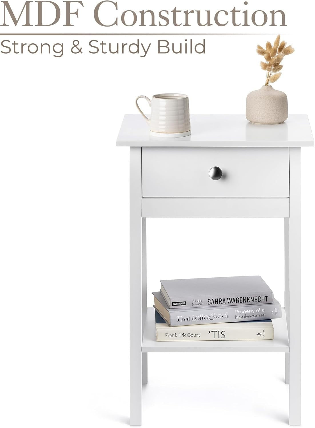 Set of 2 White Bedside Tables with Drawer & Shelf, Wooden Nightstands 60x40x30cm