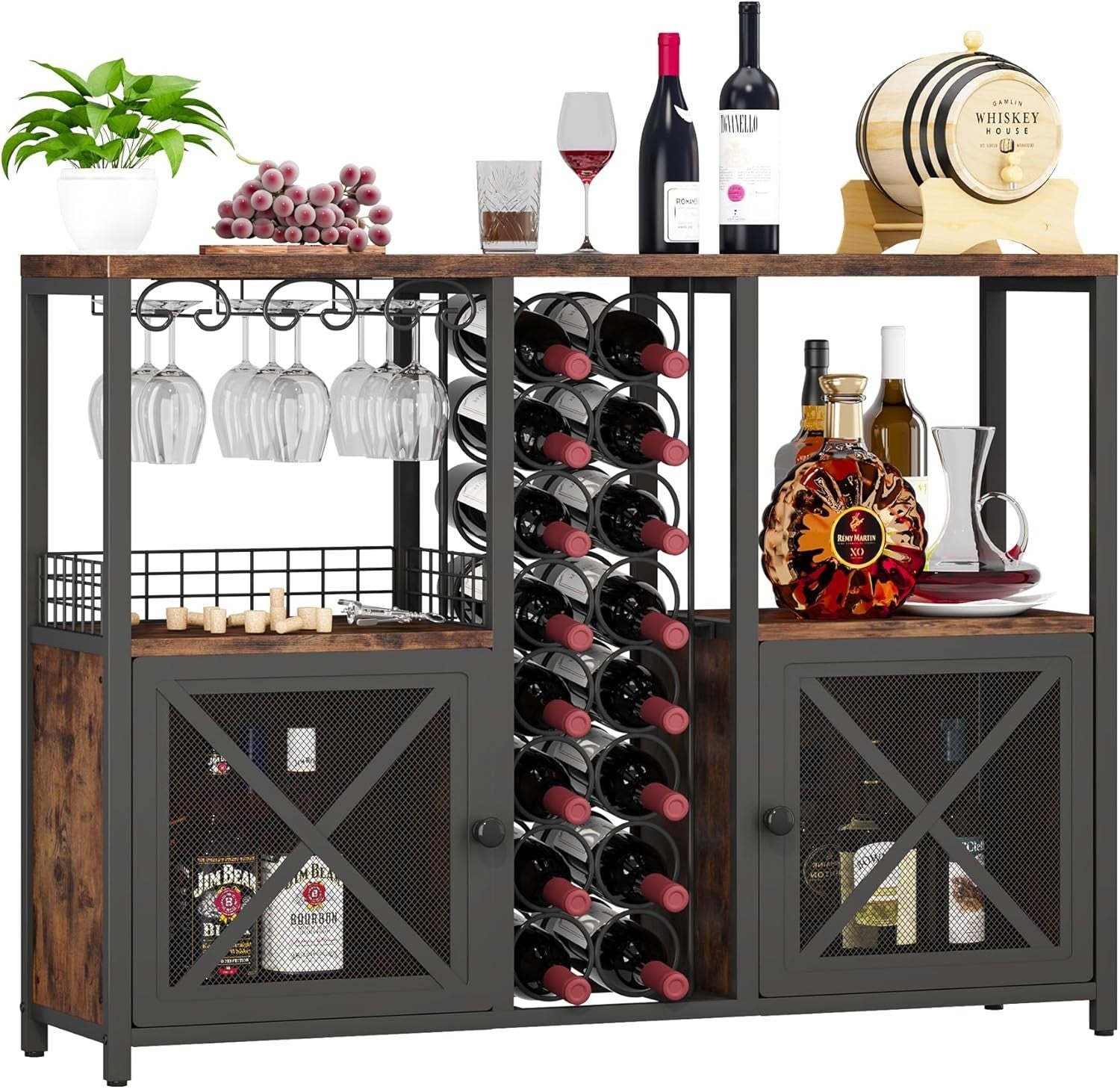 Rustic Home Bar Cabinet with Wine Rack, Glass Holder & Storage Shelves Sideboard