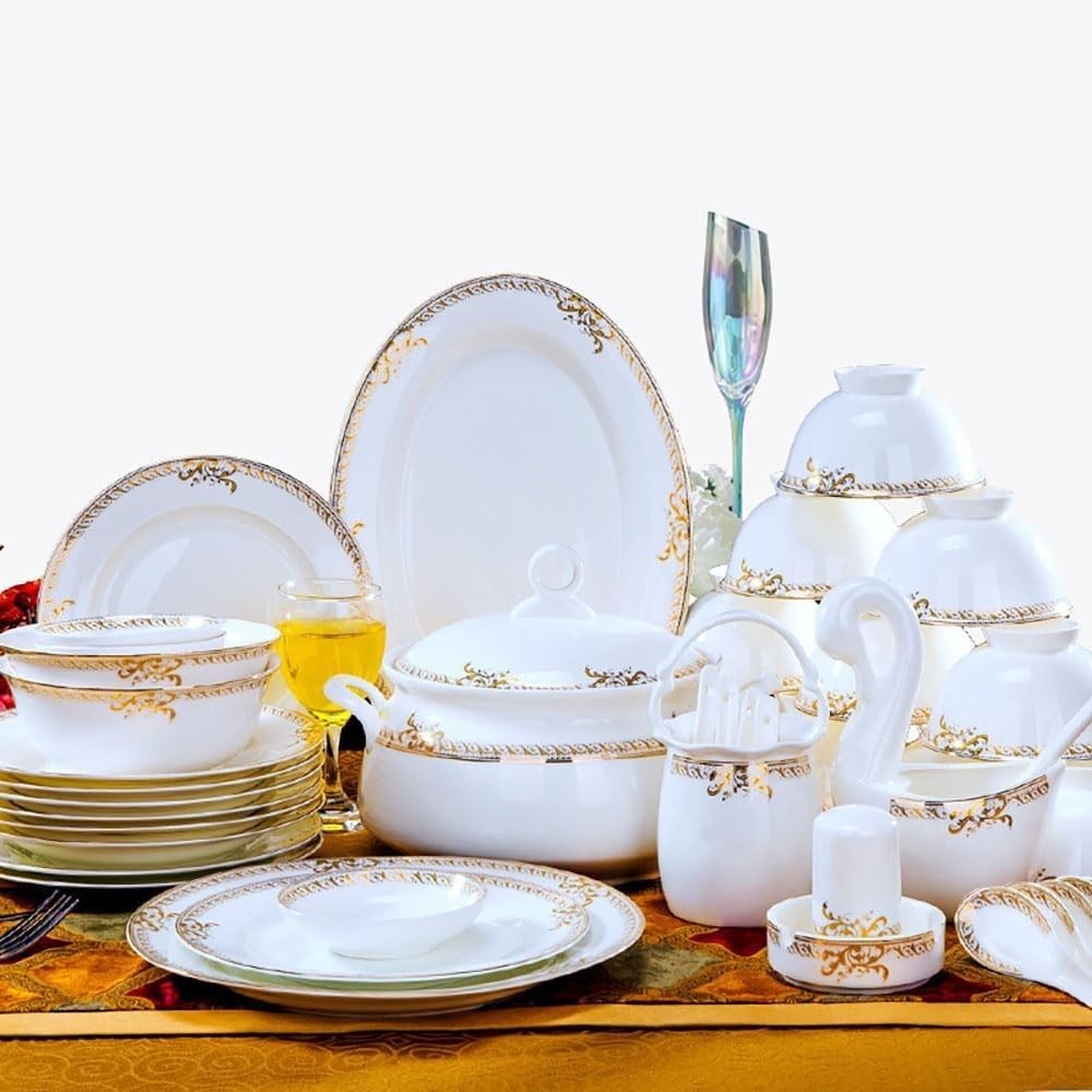 60 Piece Luxury Dinner Set Gold Rim Porcelain Plates Bowls Handmade China
