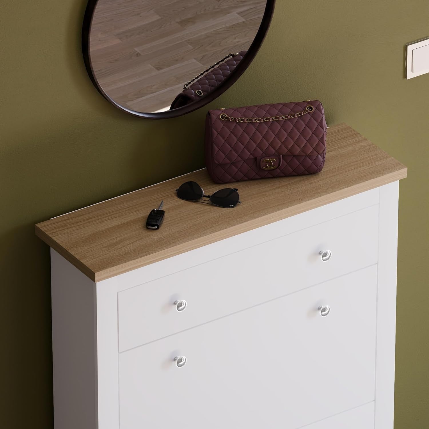 Modern 2-Door Shoe Cabinet with 2 Drawers – Slim White & Oak Storage