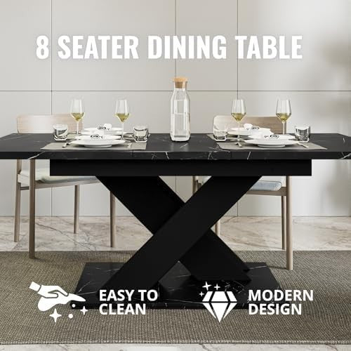 Extendable Black Royal Marble Dining Table 140-180cm Modern Foldable Kitchen