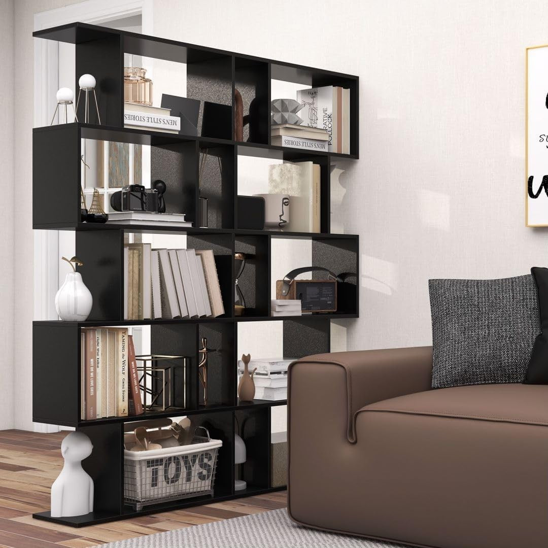 Modern S-Shaped 5/6 Tier Bookcase Elegant Display Shelf Storage Unit Black