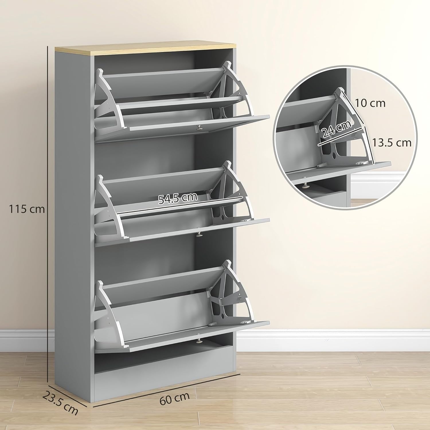 Slim Grey Shoe Cabinet 3 Flip Drawers Adjustable Shelves Space Saver