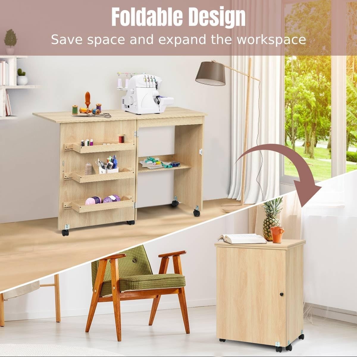 Folding Sewing Table 117cm Mobile Craft Desk with Shelves & Wheels Beige
