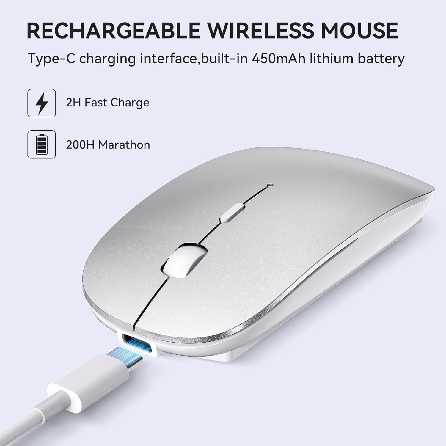 Slim Rechargeable Wireless Mouse USB-C USB-A Silent Click Laptop PC Mac
