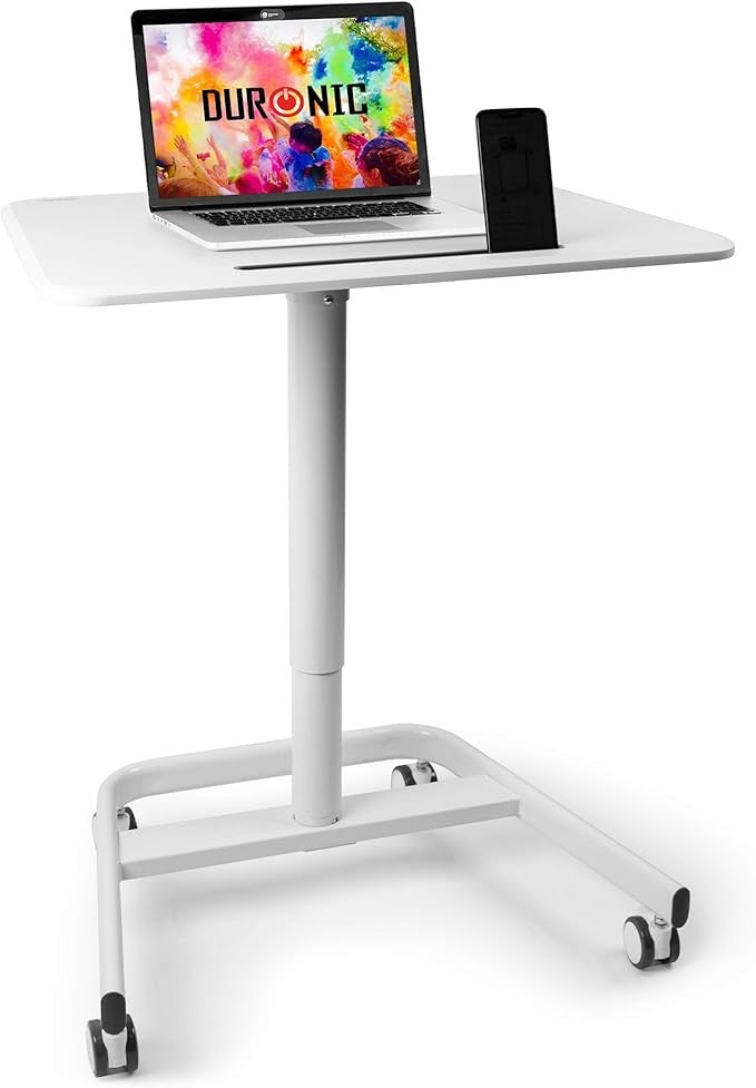 Mobile Sit Stand Desk on Wheels Adjustable Laptop Table Ergonomic White
