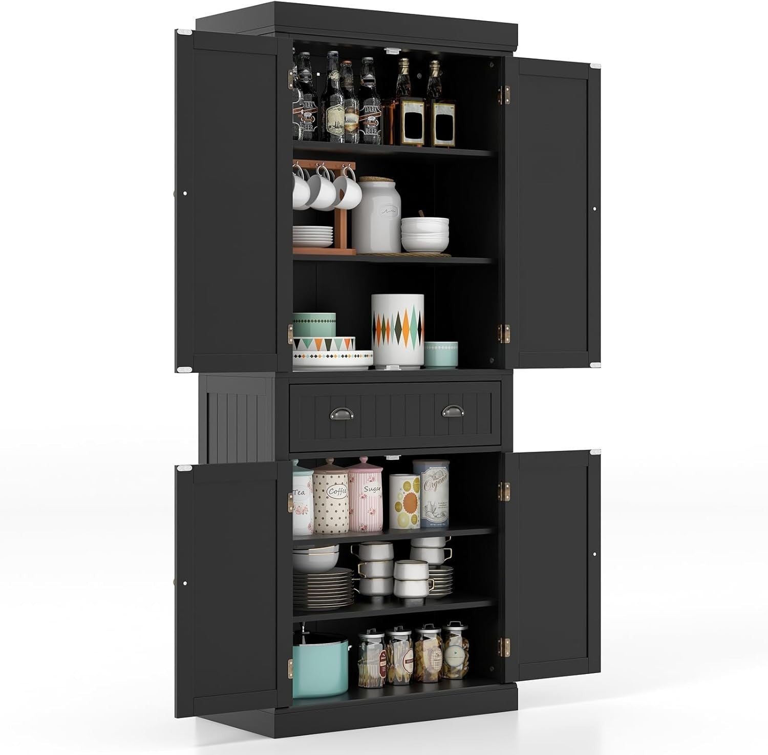 Black Tall Kitchen Cupboard 183cm Pantry Storage Cabinet Drawer Shelves