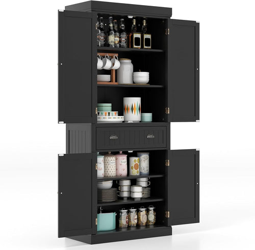 Black Tall Kitchen Cupboard 183cm Pantry Storage Cabinet Drawer Shelves