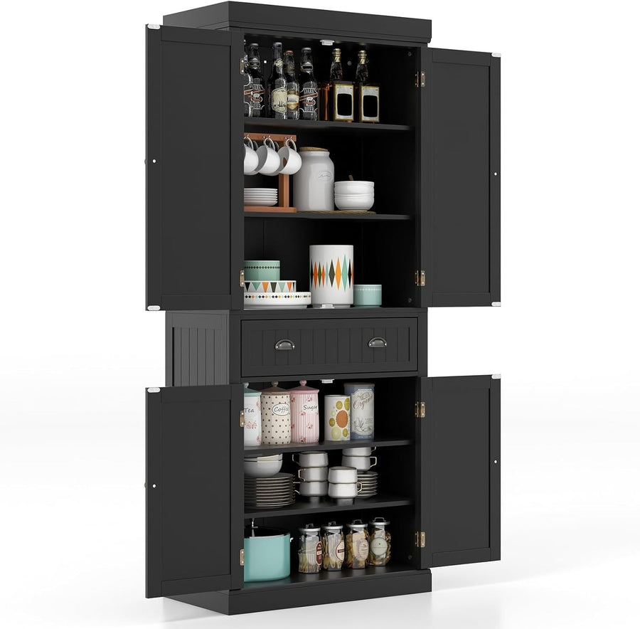 Black Tall Kitchen Cupboard 183cm Pantry Storage Cabinet Drawer Shelves
