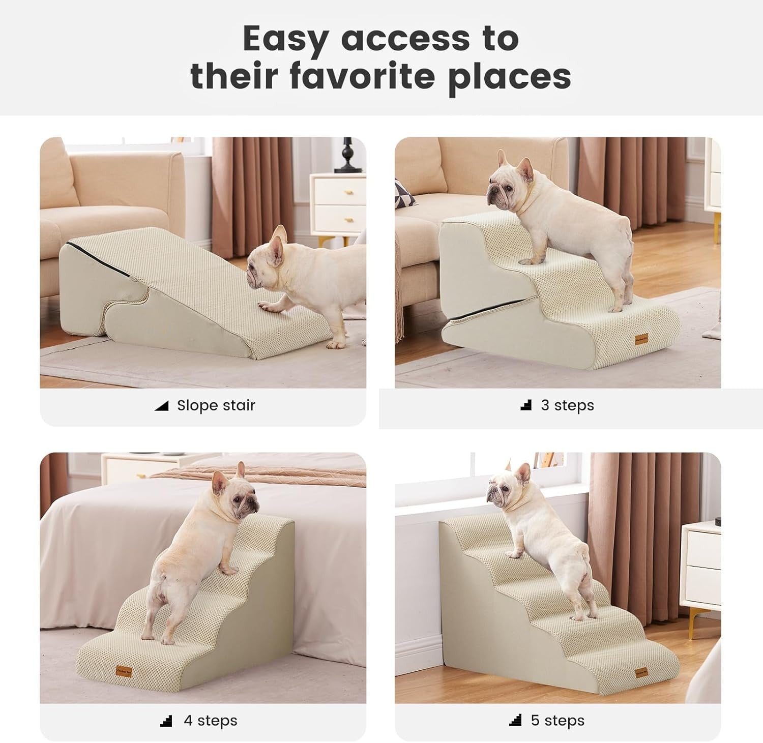 Adjustable 3 Step Dog Stairs Pet Ramp Non Slip Washable Beige